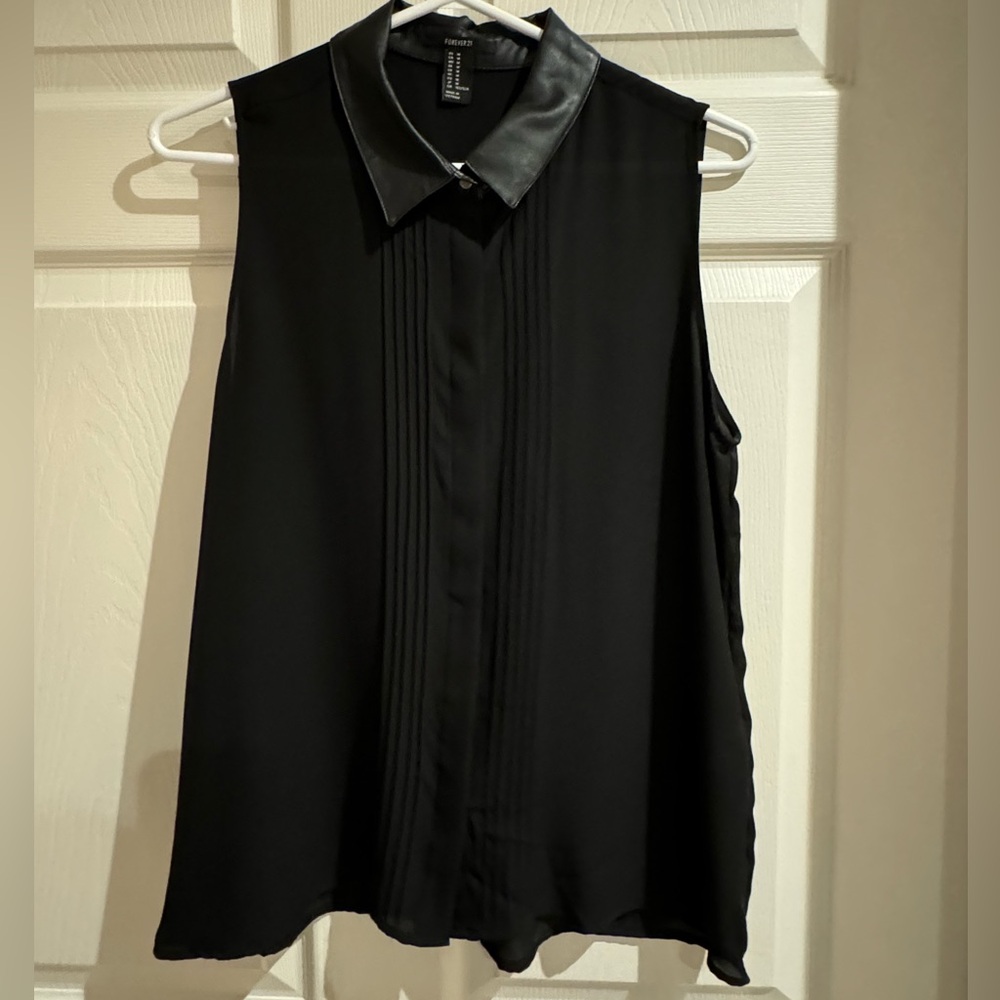 Faux leather Collar Sleeveless Black Blouse